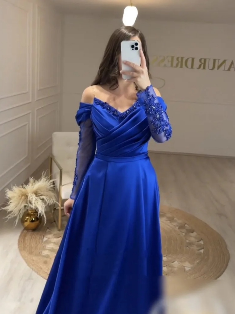 Blue Off Shoulder Evening Dress Wedding Party Application Long sleeved Elegant A-line Ball Formal Dress Customization