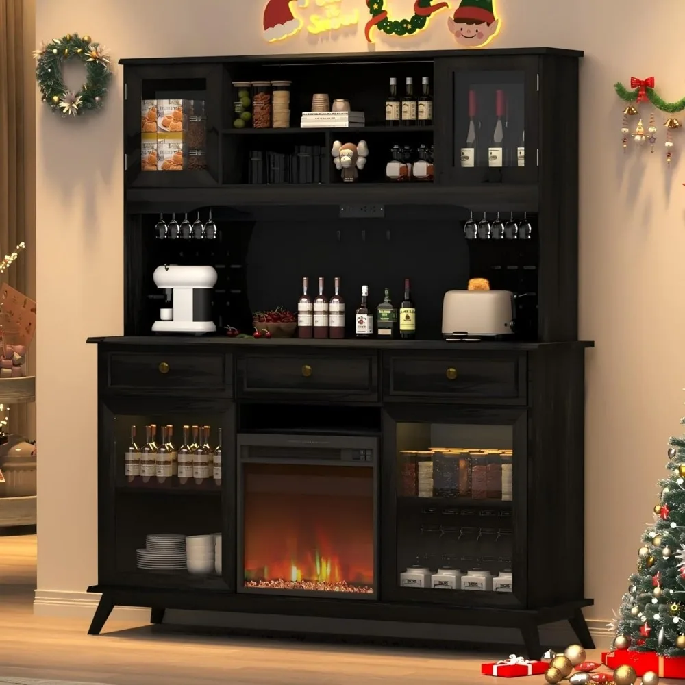 74" Tall 63" Wide Wine Bar Cabinet with Fireplace, Kitchen Pantry Storage Cabinet with LED Lights & Power Outlets, Sliding Doors