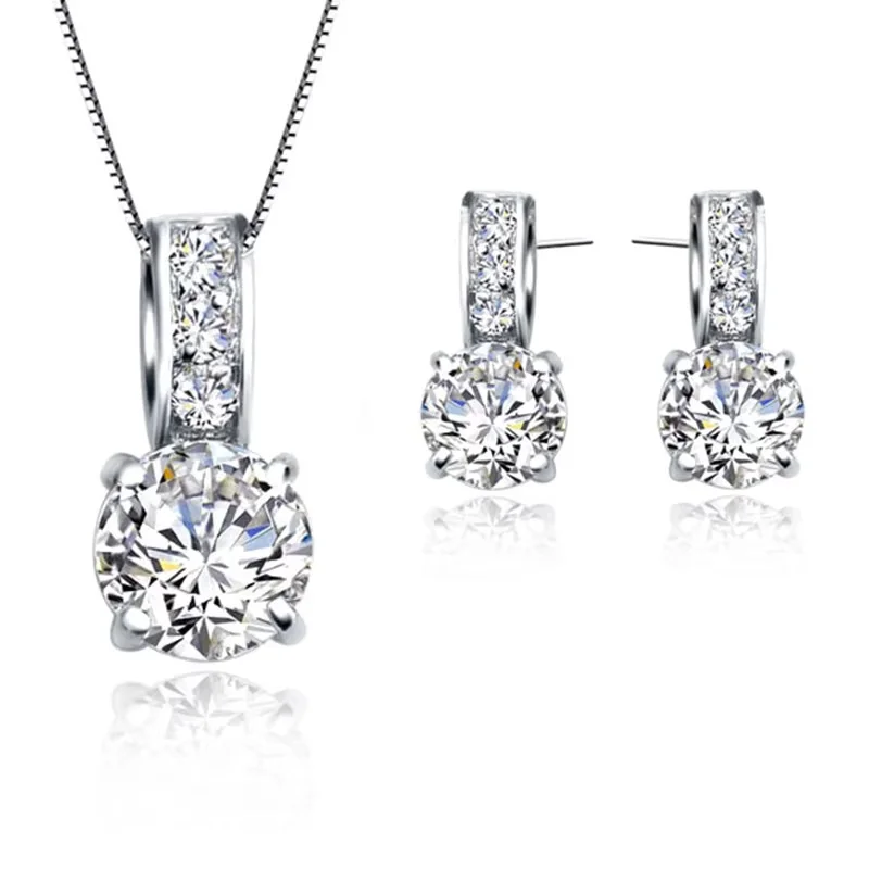 Conjunto de joyería nupcial de Color plata esterlina 925, collar con colgante de cristal de circón cúbico clásico, pendientes de tuerca para mujeres y niñas, regalo