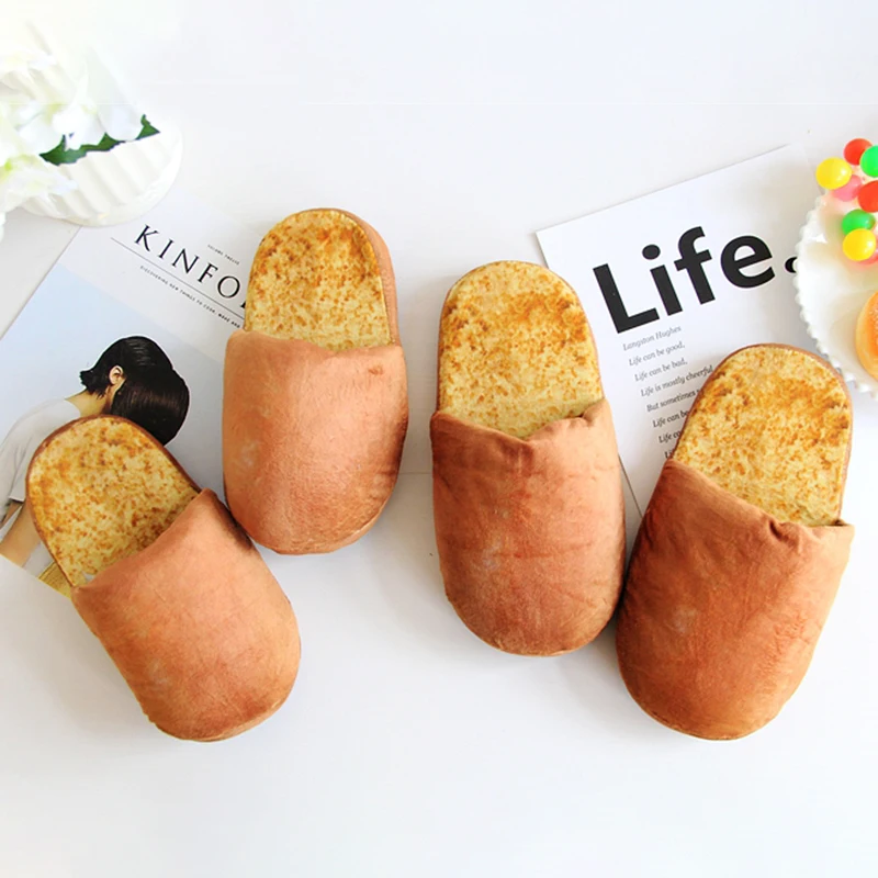 Zapatillas de algodón de pan de simulación, pantuflas de algodón cálidas de felpa antideslizantes con fondo suave para el hogar de invierno