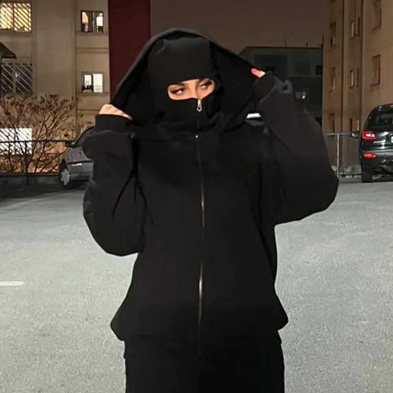 Homens e mulheres balaclava y2k gótico harajuku inverno novo item duplo moletom com capuz masculino máscara com zíper roupas esportivas