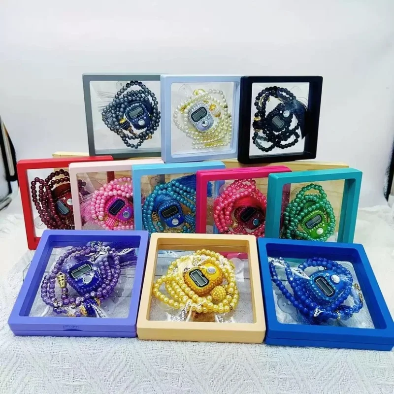 Conjunto de contas de oração muçulmanas coloridas com contador de dedo islâmico, contador de dedo portátil 99 contas de oração pulseira 2 peças conjunto de presente