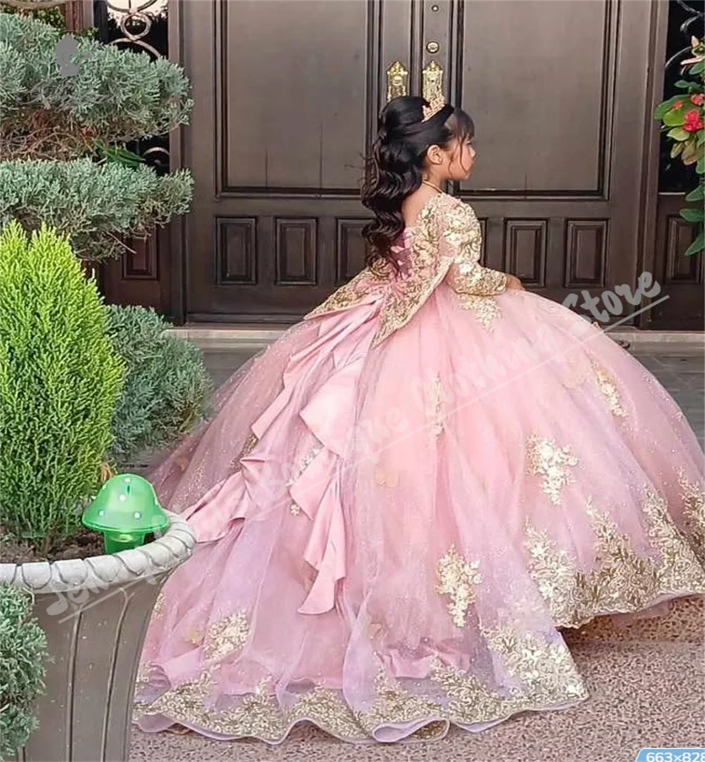 Luxury Pink Flower Girl Dress For Wedding Fluffy Bow Long Sleeve Gold Appliqué Princess Birthday Dress Suitable Formal Events