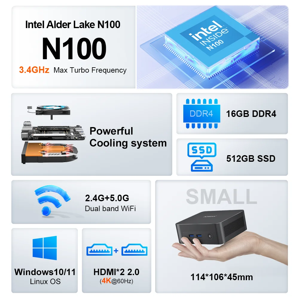 Ninkear N10 Mini-PC Intel N100 bis zu 3,4 GHz 16 GB 512 GB 2,4 G + 5 G WIFI HDMI 2,0 * 2, unterstützt Dual-Screen Windows 11 Desktop-Computer