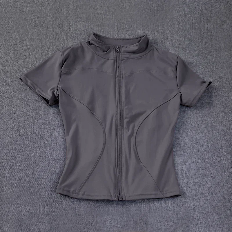 Zomer hoge kwaliteit taille afslanktraining tops dames sneldrogende strakke opstaande kraag volledige ritssluiting korte mouwen yoga shirts