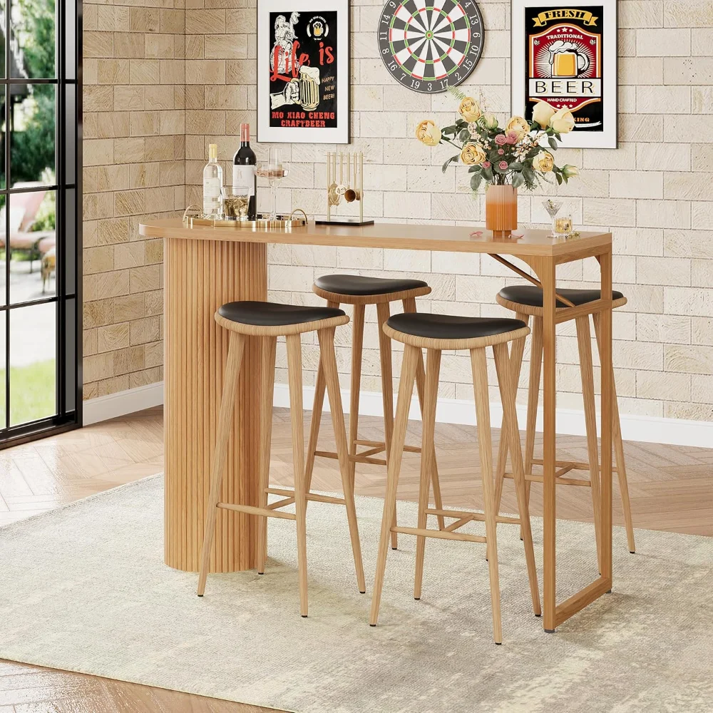 55" Long Bar Table, Fluted Wood Counter Height Pub Table, High Top Kitchen Breakfast Bar Tables with Sturdy Metal Frame