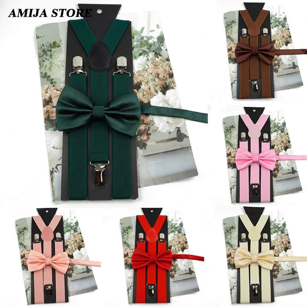 Fashion Suspender Bow tie Set Solid Colour Bowtie With Braces Elastic Adjustable 3 Clips Y-back Straps Butterfly Party Wedding