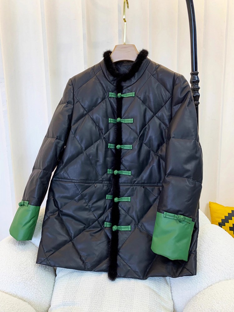 ผู้หญิงวินเทจฤดูหนาวใหม่กลางยาว STAND COLLAR SINGLE Breasted Sheepskin ลงเสื้อตรงเสื้อกันหนาวเสื้อแจ็คเก็ตหนังแท้