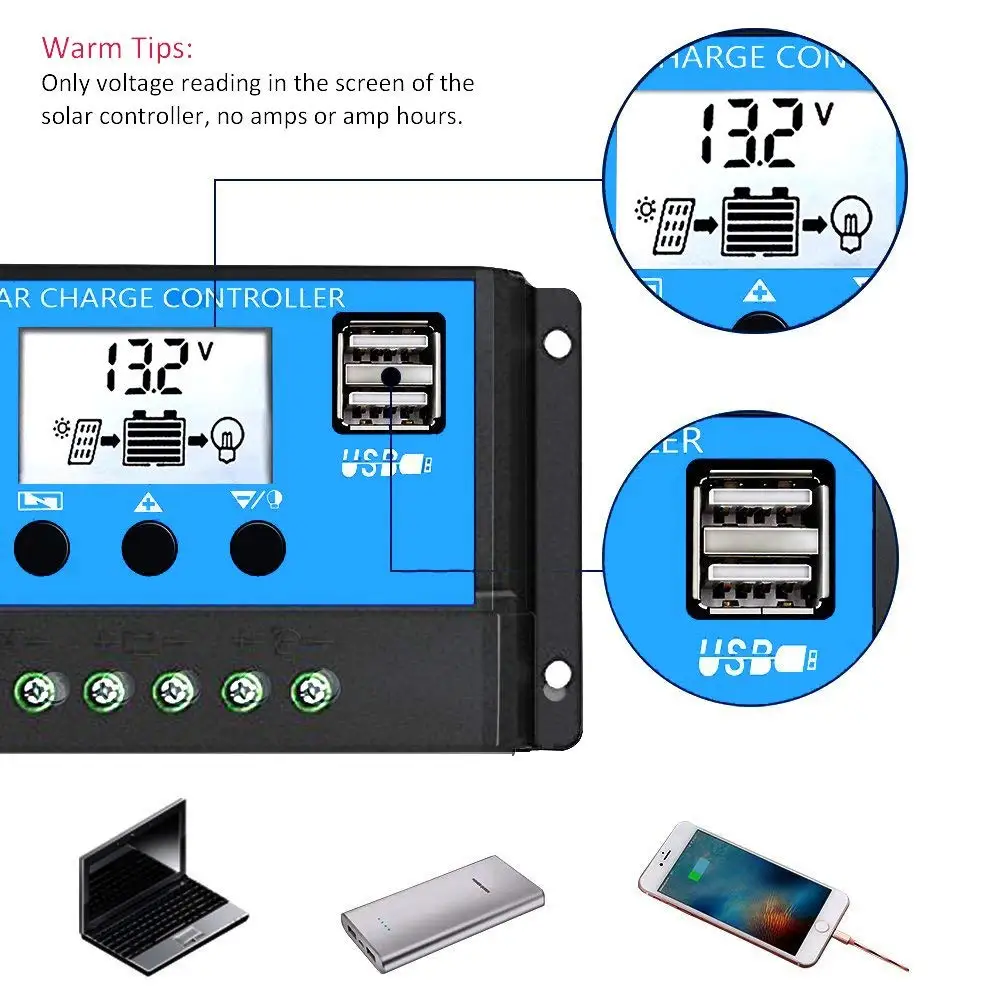 ECGSOLAX 30A 60A PWM Regolatore di carica solare 12V 24V Regolatore batteria Regolatore pannello solare Doppio controller di ricarica USB 5V/2A