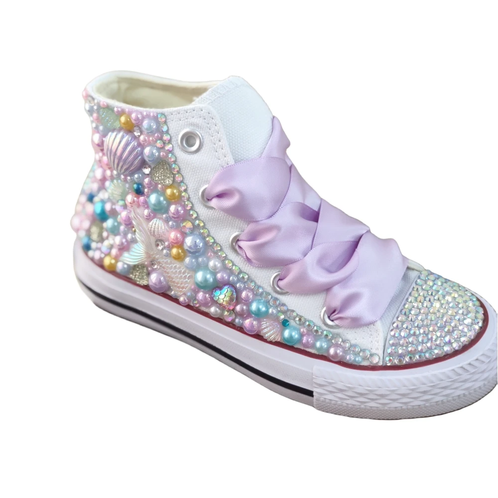 Doll bling Shell Simulation DIY Bling handgemachte Schuhe Leinwand Meerjungfrau Thema Kinder High Top Perlen Turnschuhe unter dem Meer Schuhe