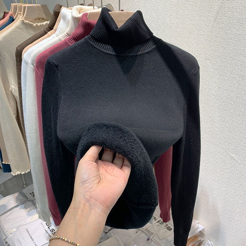 คอเต่า Plush เสื้อกันหนาวขนแกะผู้หญิงฤดูหนาวแฟชั่น Elastic Thicken Pullovers สบายๆ Basic Solid Bottoming เสื้อกันหนาว