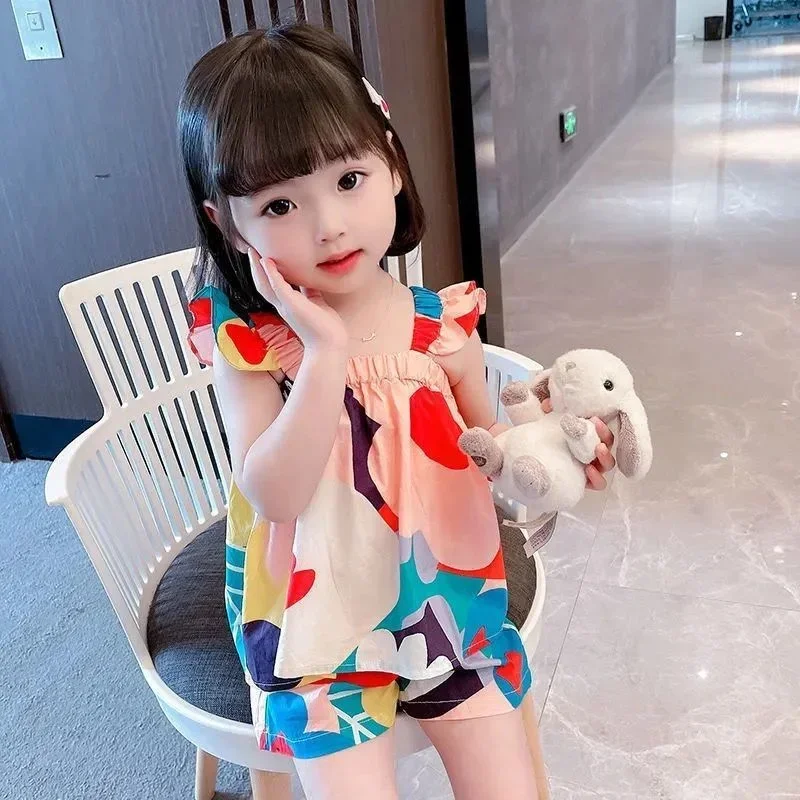 Conjuntos de ropa de verano para niñas, Top con tirantes, chaleco Floral a juego de colores + pantalones informales para niños, traje de ropa para niños pequeños