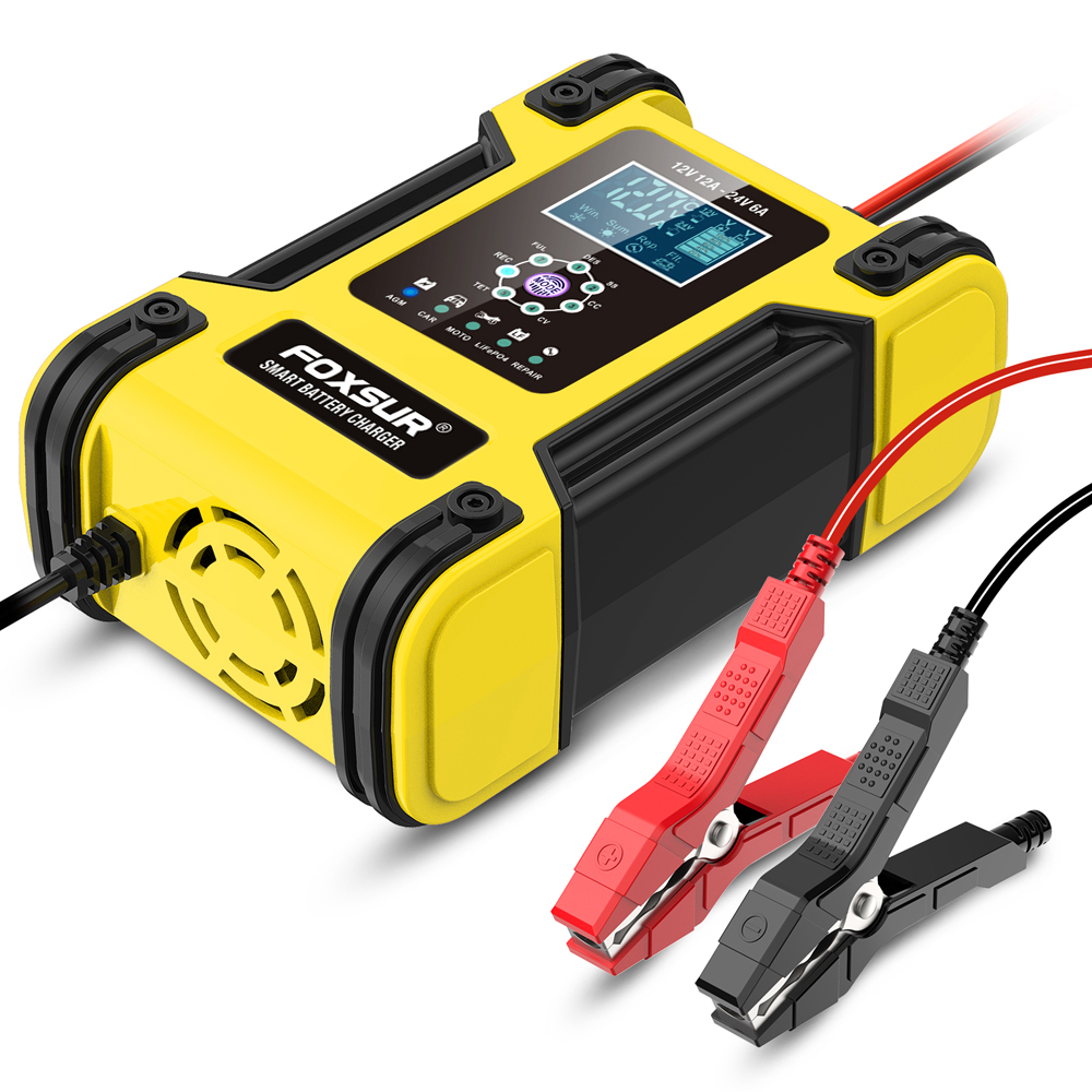 Foxsur 全自動車のバッテリー充電器 12V 12A デジタルディスプレイバッテリー充電器パワーパルス修理充電器ウェットドライ鉛酸