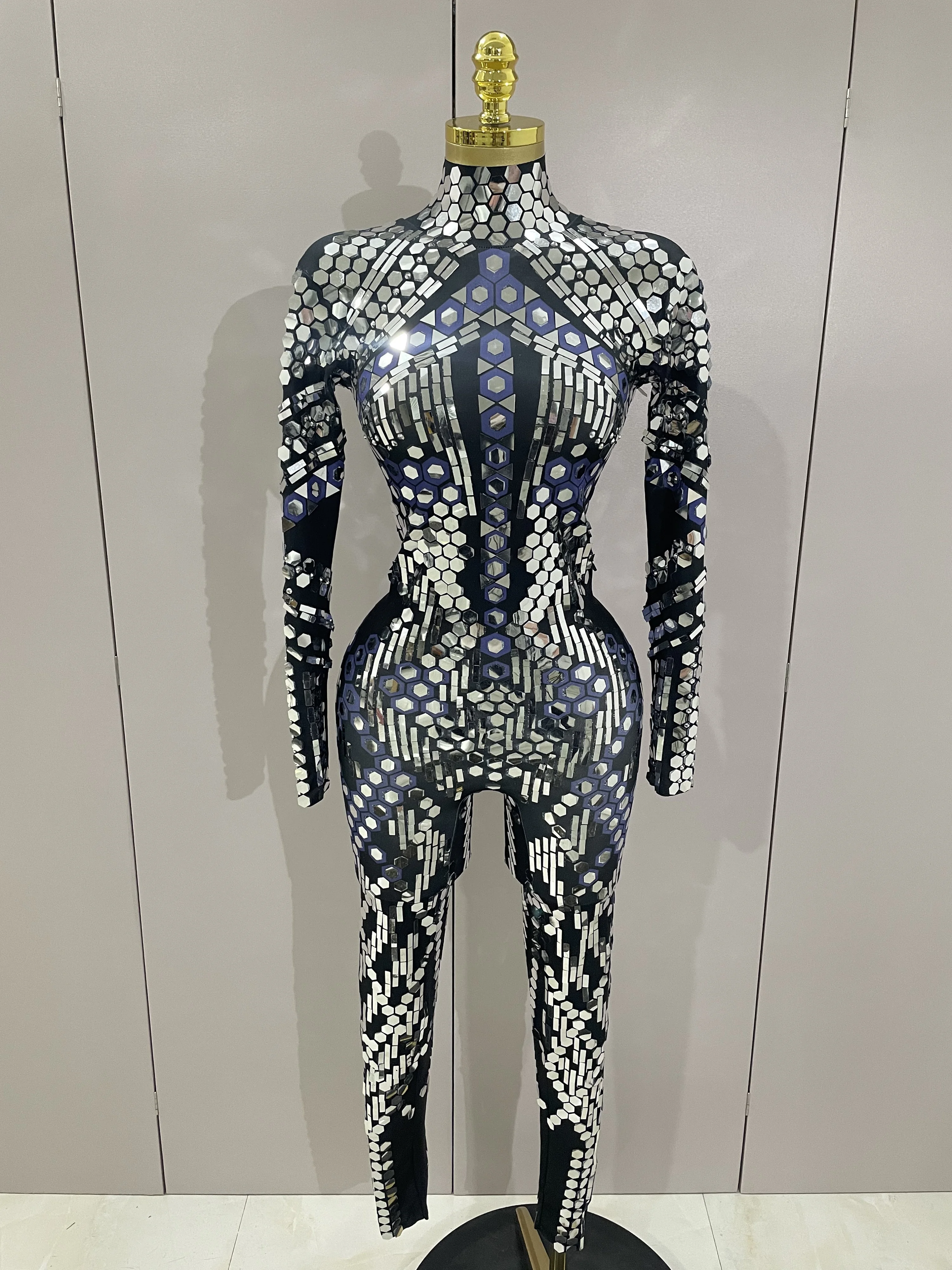 Sexy glänzender silberner Pailletten-Spiegel-schwarzer Spandex-Overall 2025, Damen-Abschlussball, Tänzer, Sänger, Kostüm, Abend, Geburtstag, Show, Bühnenoutfit