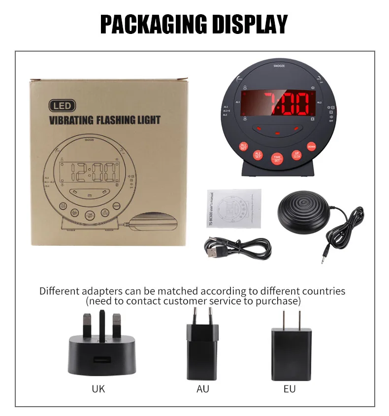 TS-BC600 vibration alarm clock custom alarm snooze time battery USB charging