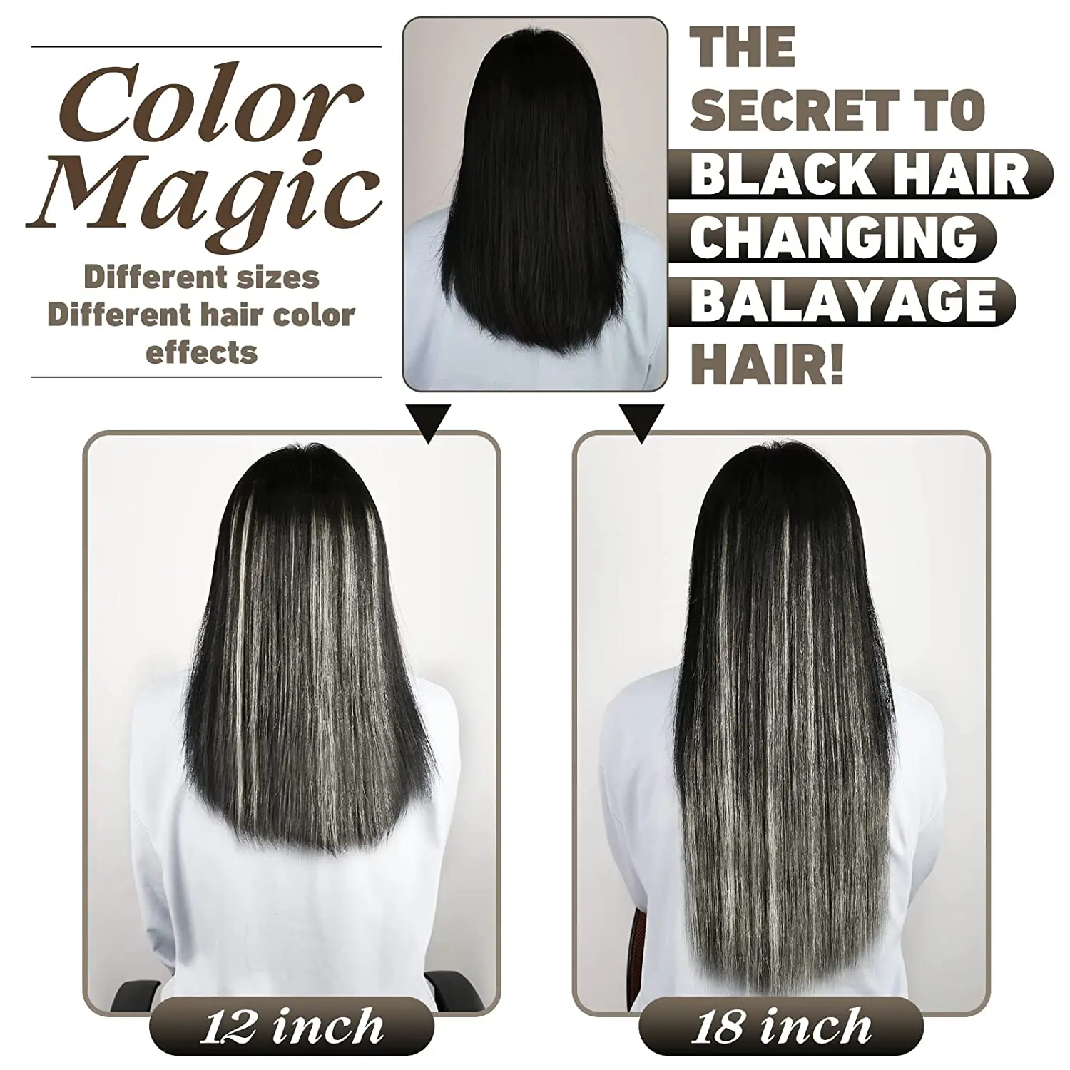 Toàn Phần Sáng Bóng Kẹp Trong Tóc Đen Balayage Bạc 18Inch 7 Chiếc Thực Tóc Tự Nhiên Đôi Sợi Ngang thẳng 120G