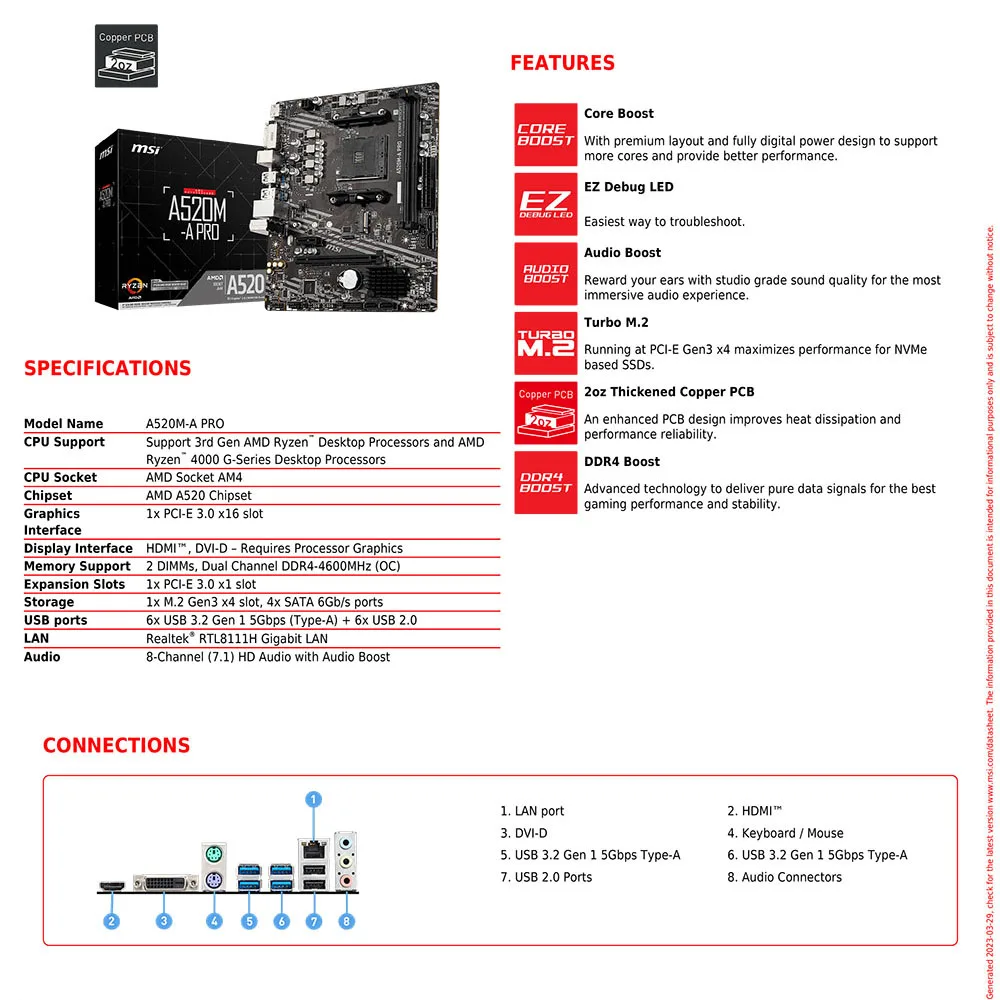 MSI AMD A520M-A PRO Motherboard unterstützt Ryzen CPU R3 R5 R7 5000- und 3000-Serie Mainboard AM4 M.2 NVME Dual Channel DDR4 vollständig neu