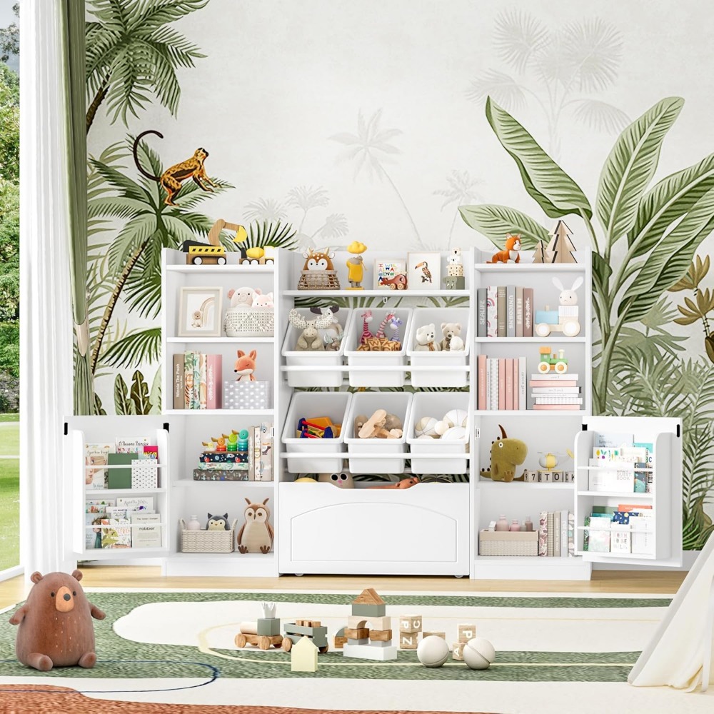 55-inch multi-functional kids storage organizer with removable bins and bookshelf