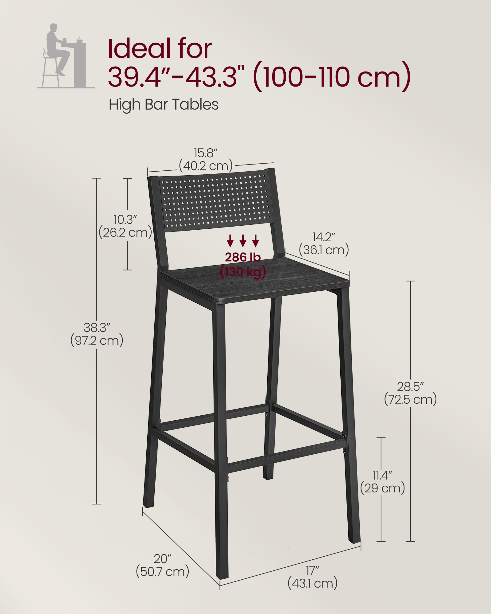 VASAGLE Breakfast Kitchen Bar Stool Set of 2, Counter Chairs, for Kitchen, Dining Room, Office, Industrial Style