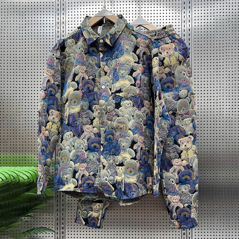 Herbst Bär bestickte langärmelige Herrenjacke + Straßenleggings Herrenanzug Zweiteiliges Set Y2k Casual Casual Trendy Design Anzug