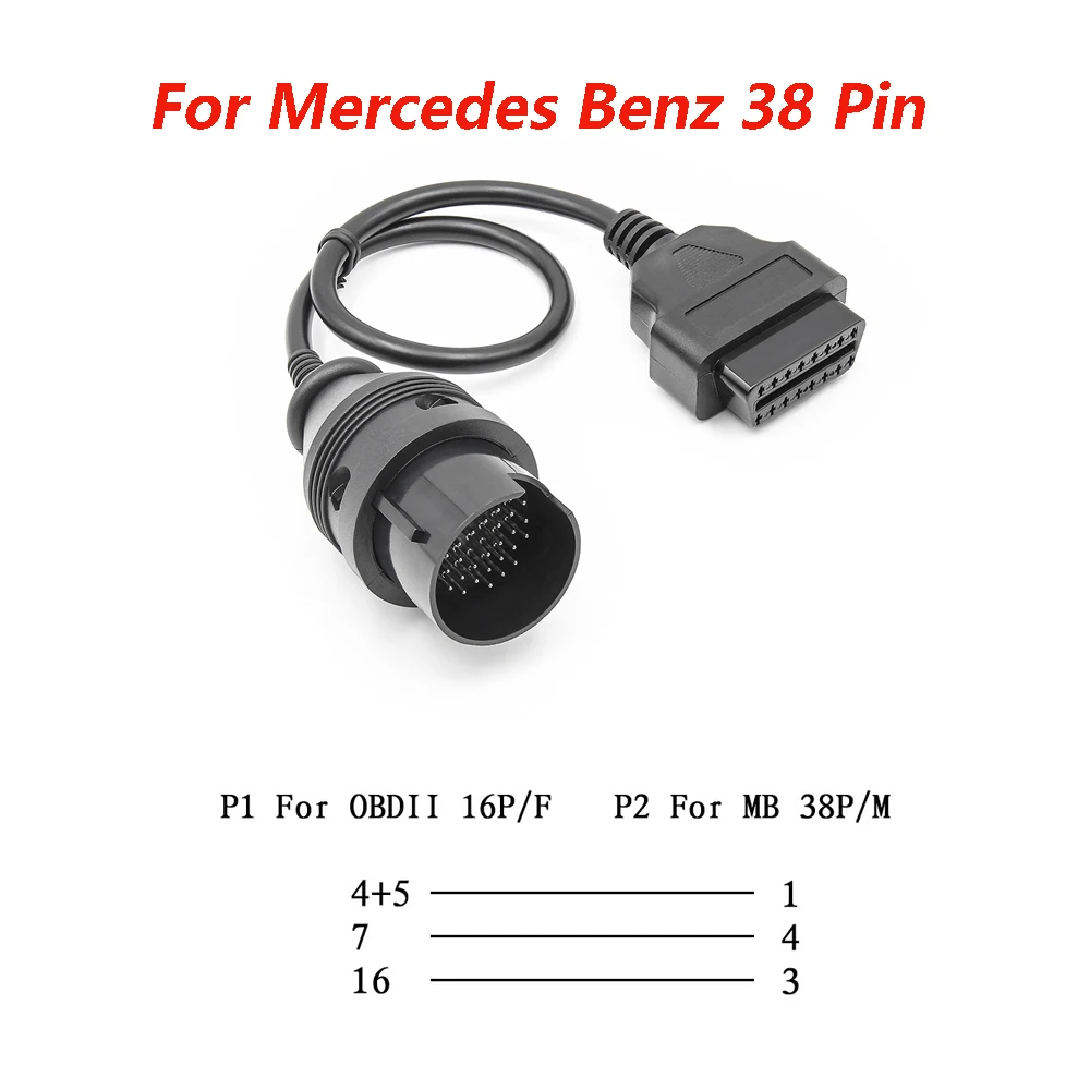 Para mercedes 38pin para 16pin conector fêmea obd obd2 obdii diagnóstico conector adaptador de cabo de extensão para benz