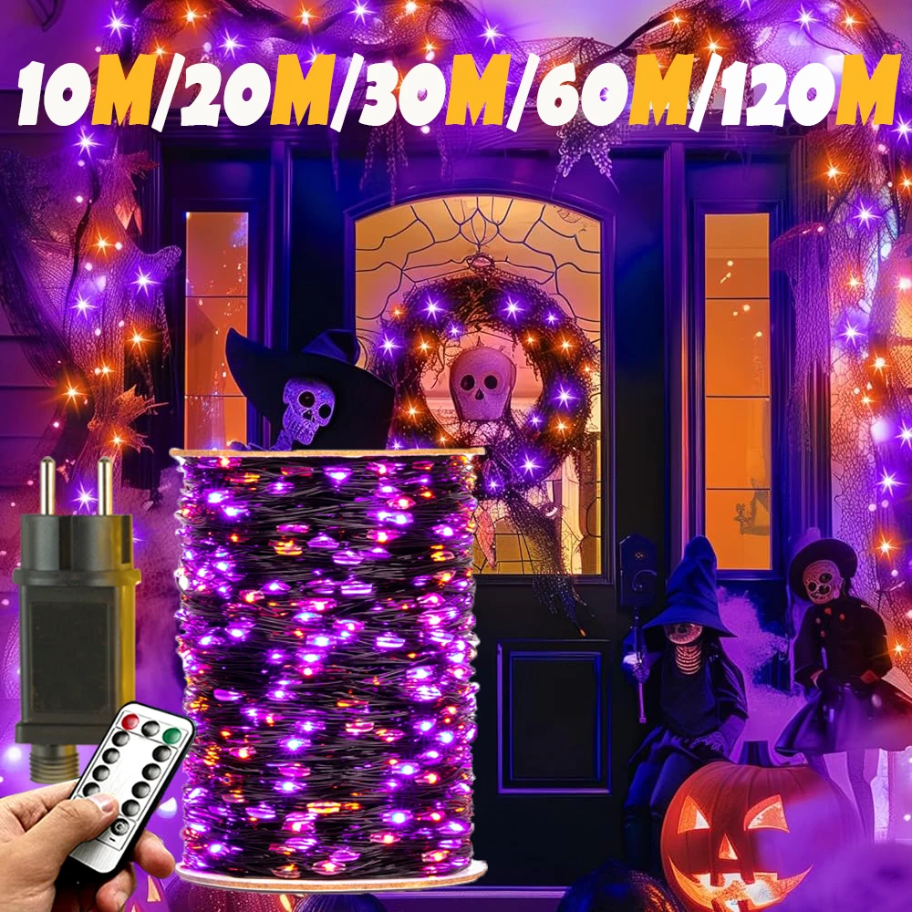 Guirnalda de luces de alambre de cobre de 10-120M, guirnalda de luces de hadas púrpura y naranja para Halloween, 8 modos, guirnalda navideña para calle al aire libre, decoración de fiesta