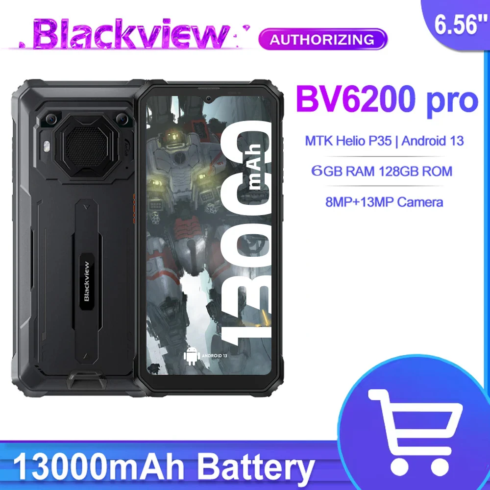 Blackview BV6200 Pro Rugged Phone Android 13 6.56'' Helio P35, 4GB+128GB Smartphone 13000mAh With 18W Fast Charge NFC Cell Phone
