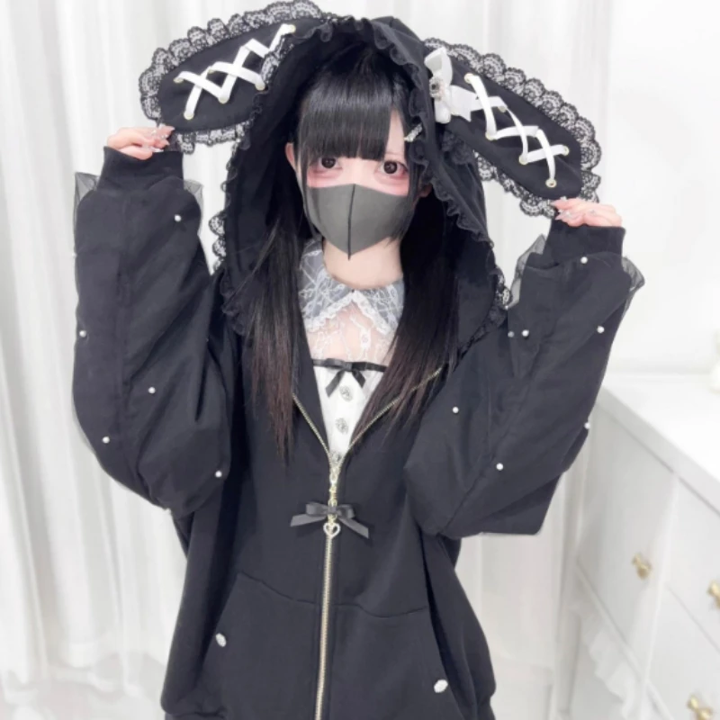 Abrigos japoneses de gasa con perlas para mujer, chaquetas con Orejas de conejo de encaje estético Y2k, sudaderas con capucha informales de gran tamaño Harajuku Kawaii