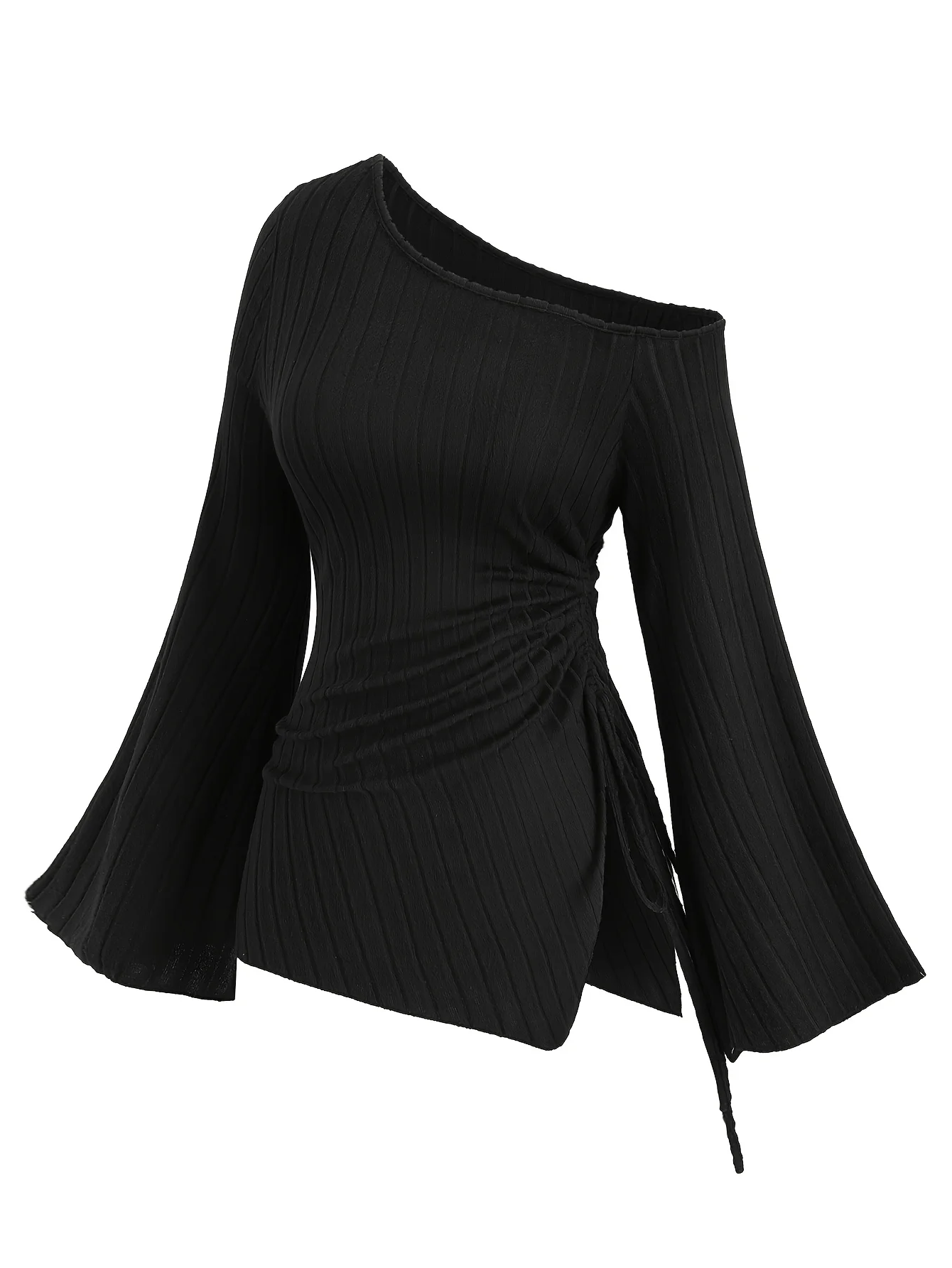 Europäische und amerikanische Mode Plus-Size-Damen-Frühlings- und Herbst-Langarm-Off-Shoulder-T-Shirt mit asymmetrischem Schwanz