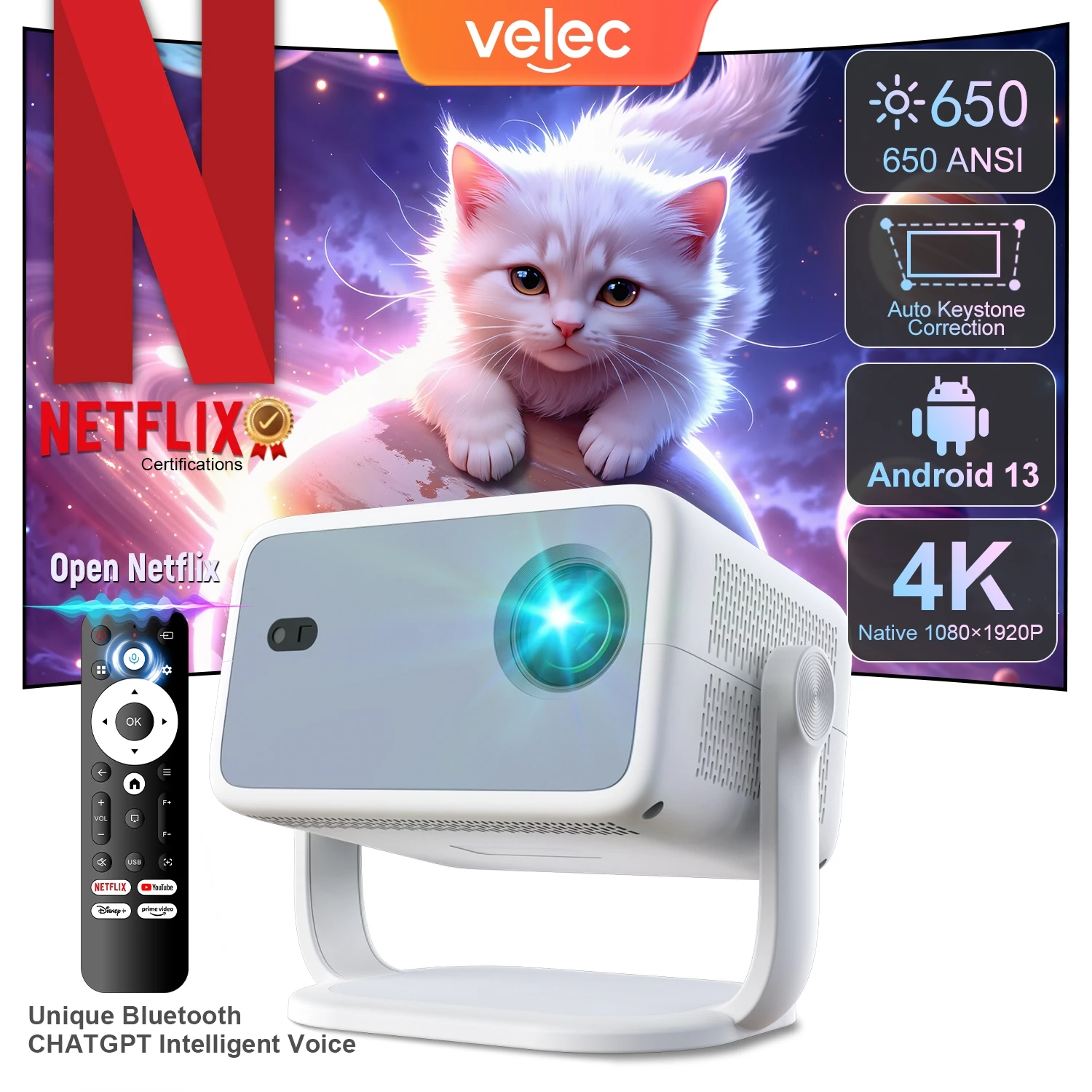 Proyector Velec Certificación Netflix 650ANSI Android 13 Portátil 4K Nativo Wifi6 BT5.2 1080P TP350 Corrección Keystone automática