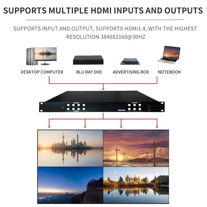 SEAMLESS MATRIX SWITCHER 4K HD 4 x4 ไม่มีความล่าช้า ไม่มีหน้าจอสีดํา อินพุตและเอาต์พุต TRUE 4K RS232 SOFT REMOTE KEY CONTROL