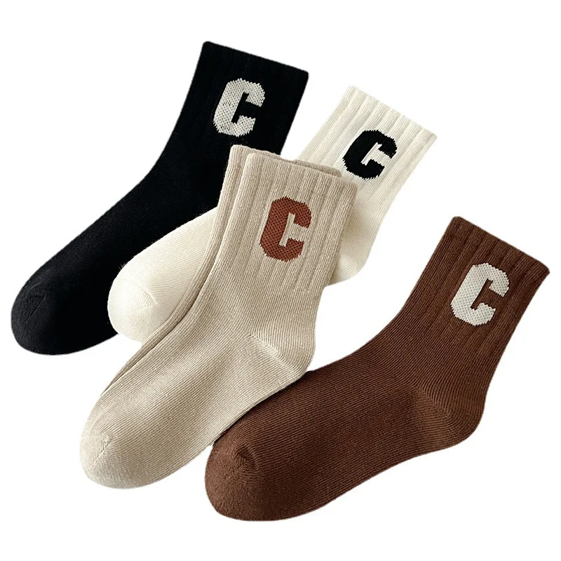 Calcetines de algodón coreanos para niños Y niñas, medias simples de alta elasticidad con letras del alfabeto, de Color sólido, para otoño e invierno, de 1 a 12 años, 4 pares por lote