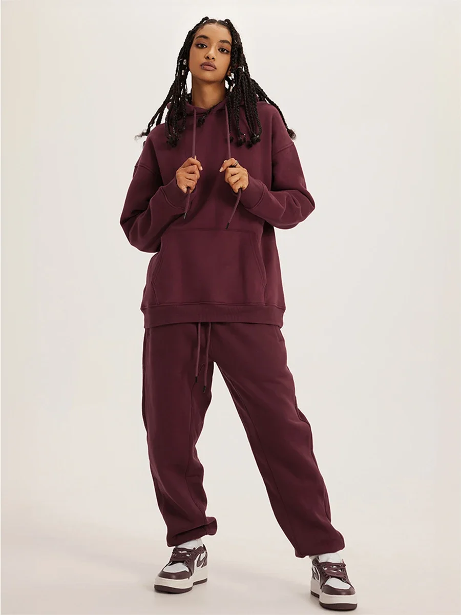 Bornladies-Conjunto de Sudadera con capucha y forro polar para mujer, chaqueta cálida de gran tamaño, jerséis de felpa de Color sólido