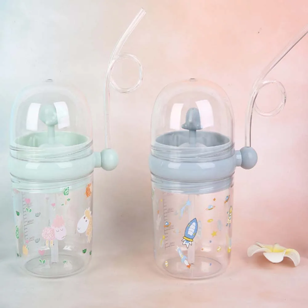 Botol Minum Anak 250ml Motif Kartun dengan Sedotan, Gelas Plastik untuk Anak
