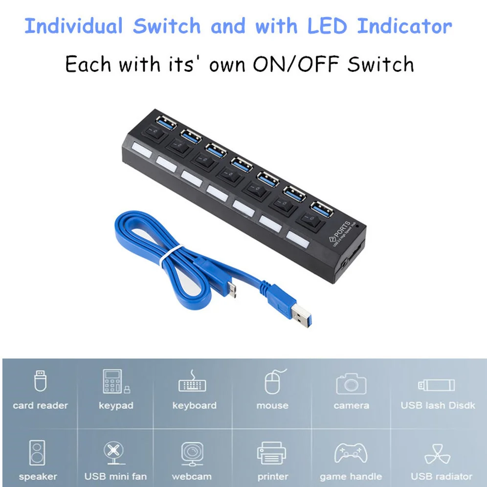 Hub USB 3,0, divisor de concentrador USB, concentrador Multi USB 3,0, divisor de concentrador de 4/7 puertos múltiples con adaptador de corriente, accesorios de ordenador Hub para PC