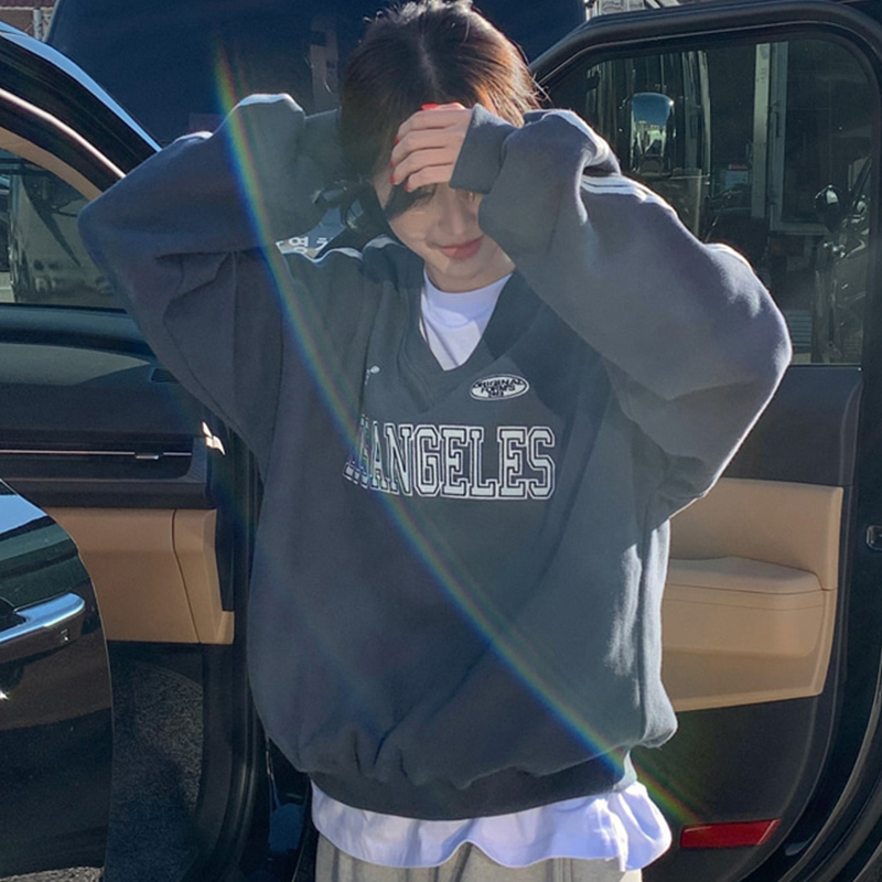 シックな冬甘いユニークな V ネックカラーブロックレタープリントデザインルーズ多用途長袖パーカー韓国スタイル通勤