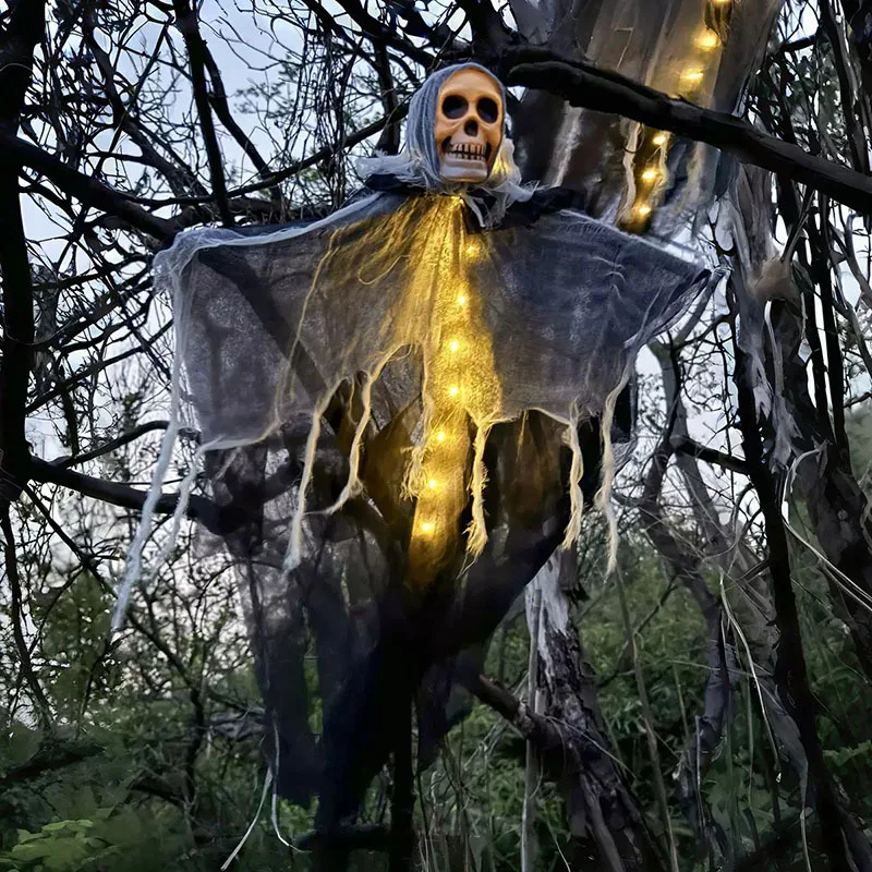 1 Uds. De esqueleto de calavera brillante para Halloween, gasa colgante de fantasma para el hogar, decoración de jardín al aire libre, accesorios de fantasma de terror para fiesta de Halloween 2025