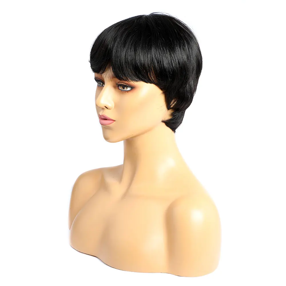 วิกผมผมมนุษย์สั้นกับ Bangs สีดําธรรมชาติวิกผมสั้น Pixie ตัดวิกผมผมมนุษย์เครื่องทําคอสเพลย์ Duby วิกผมสําหรับผู้หญิง
