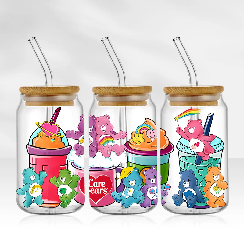 Oso lindo de dibujos animados 16OZ UV DTF taza envolturas pegatina de transferencia para vidrio Libbey lata botella autoadhesiva lavable DIY personalizado