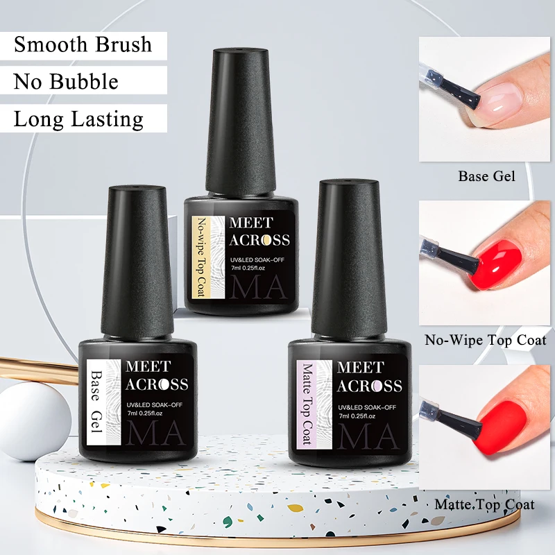 พบกับข้าม 7ml Base Top Coat เจล Polish Soak Off กึ่งถาวร UV เจลเล็บเคลือบเงาฐานเจล Top Coat เจลเคลือบเงาเล็บ