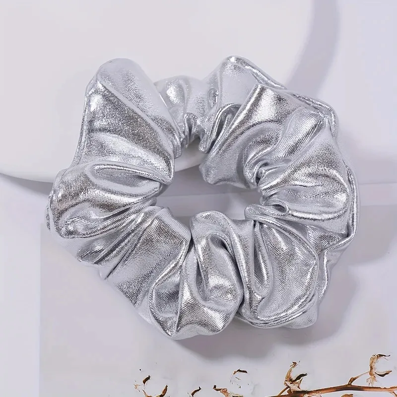 【Faixa de cabelo da moda】 Faixa de cabelo criativa de couro pu prateado de 1 peça |   Cocar de faixa de cabelo de rabo de cavalo alto e baixo da moda feminina