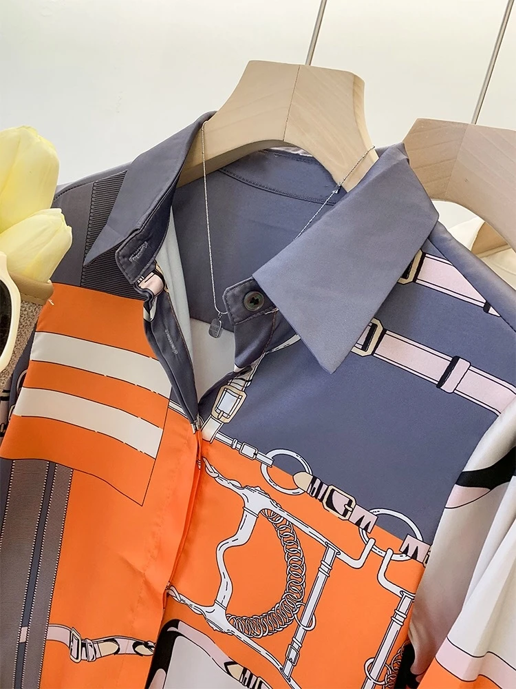 女性用シルク長袖シャツ,婦人服,模造シルク,オレンジとグレー,エレガントなファッション,高級ブランドデザイン,夏,2022