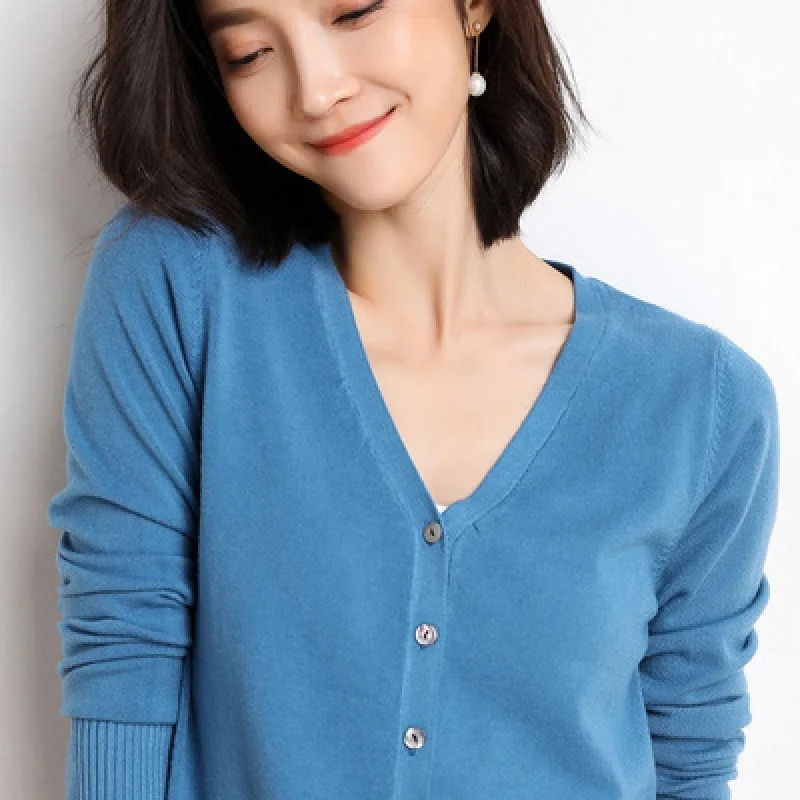 Cárdigans para mujer, suéter de punto con cuello en V y una hilera de botones, prendas de punto cortas a la moda, jerséis para mujer en color azul, verde y rosa 2022