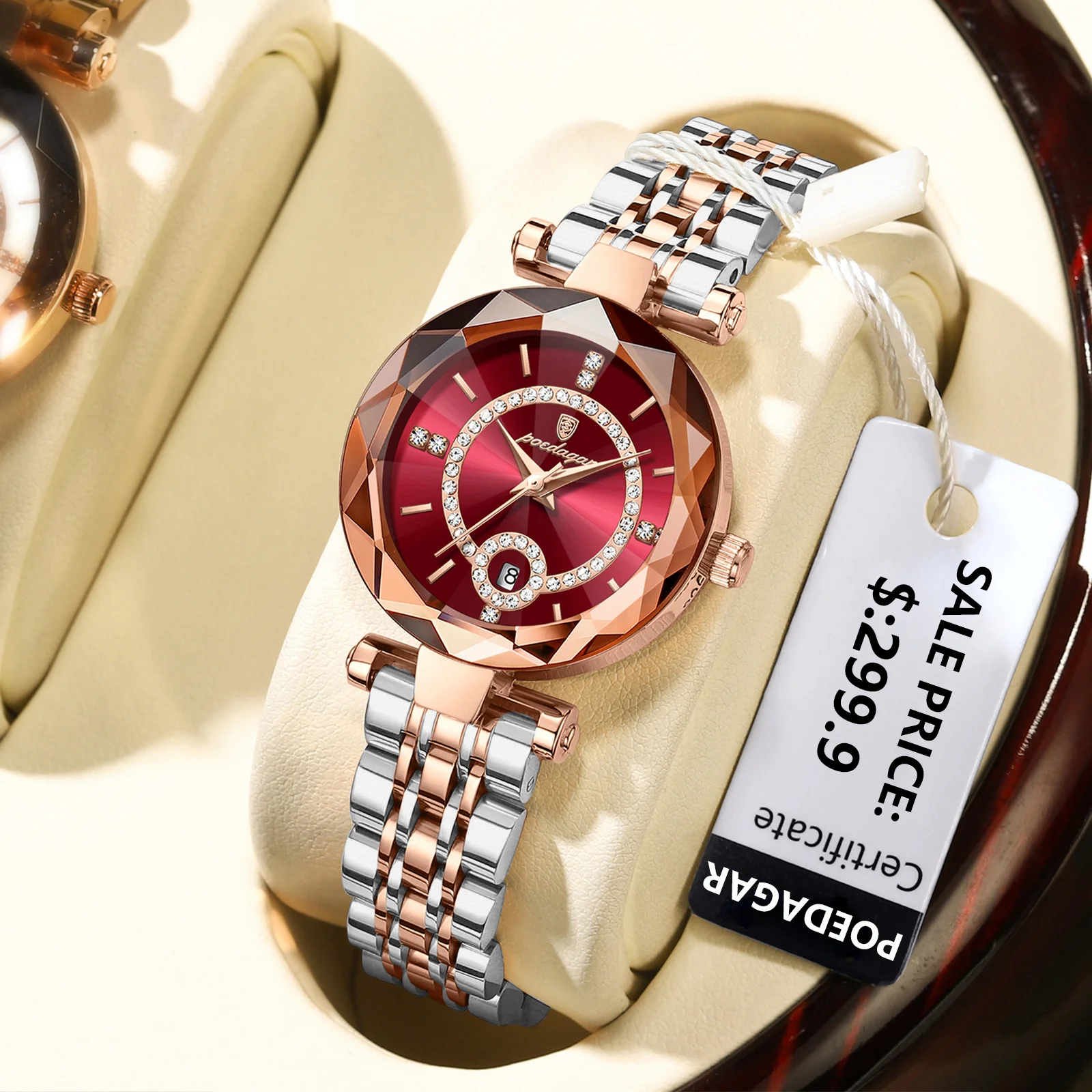 Reloj POEDAGAR de lujo para mujer, reloj de cuarzo con diamantes de alta calidad para mujer, relojes de acero inoxidable con fecha resistente al agua para mujer, reloj + caja