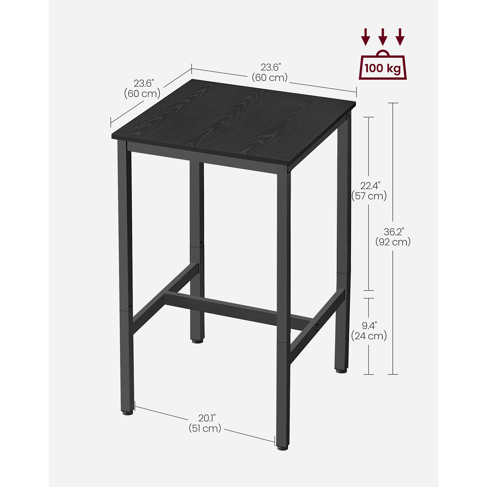 VASAGLE Breakfast Bar, Square Tall Bar Table, Heavy-Duty Steel Frame, 60 x 60 x 92 cm, Easy Assembly, for Kitchen Living Room