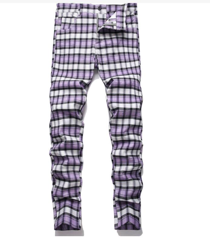 Men's Casual Plaid Pants, High Stretch, Straight Leg Trousers, Slim Fit, Small Leg Pants