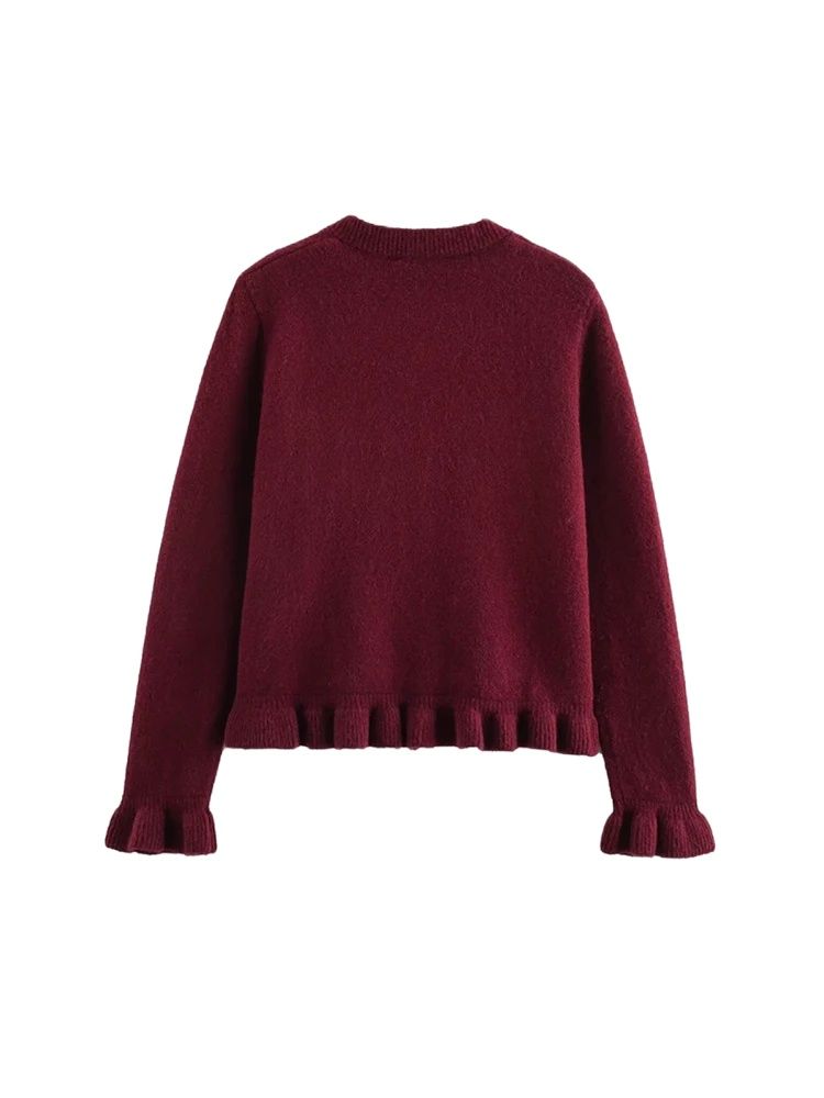 Suéter cardigã feminino de malha com babados, gola redonda, manga comprida, top chique com botões frontais, moda externa