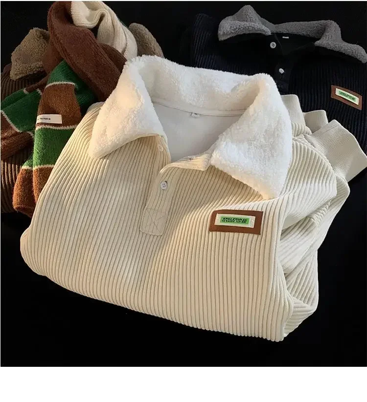 New Vintage Brown Corduroy POLO Collar Oversized Sweatshirt Streetwear Loose Pullover Thick Velvet Winter Clothes Couples