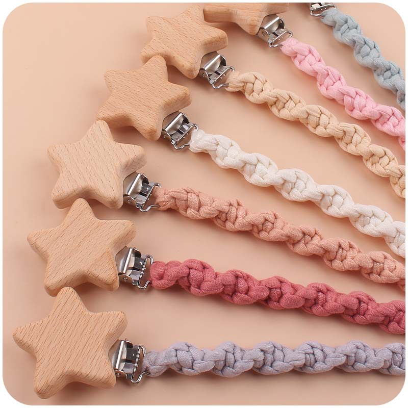 Baby Beech Wood Pentagram Pacifier Clip Handmade Woven Cotton Soother Nipple Chain For Baby Nursing Teether Chewing Toys Gift