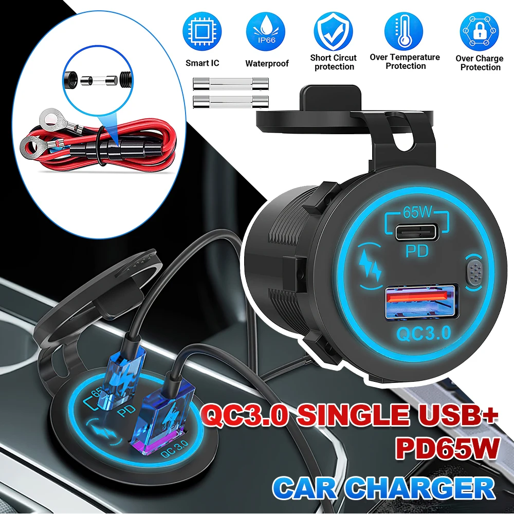 85w pd tipo c/qc 3.0 carregador de carro usb com interruptor tomada de carga rápida adaptador à prova dwaterproof água para 12v 24v carro caminhão barco